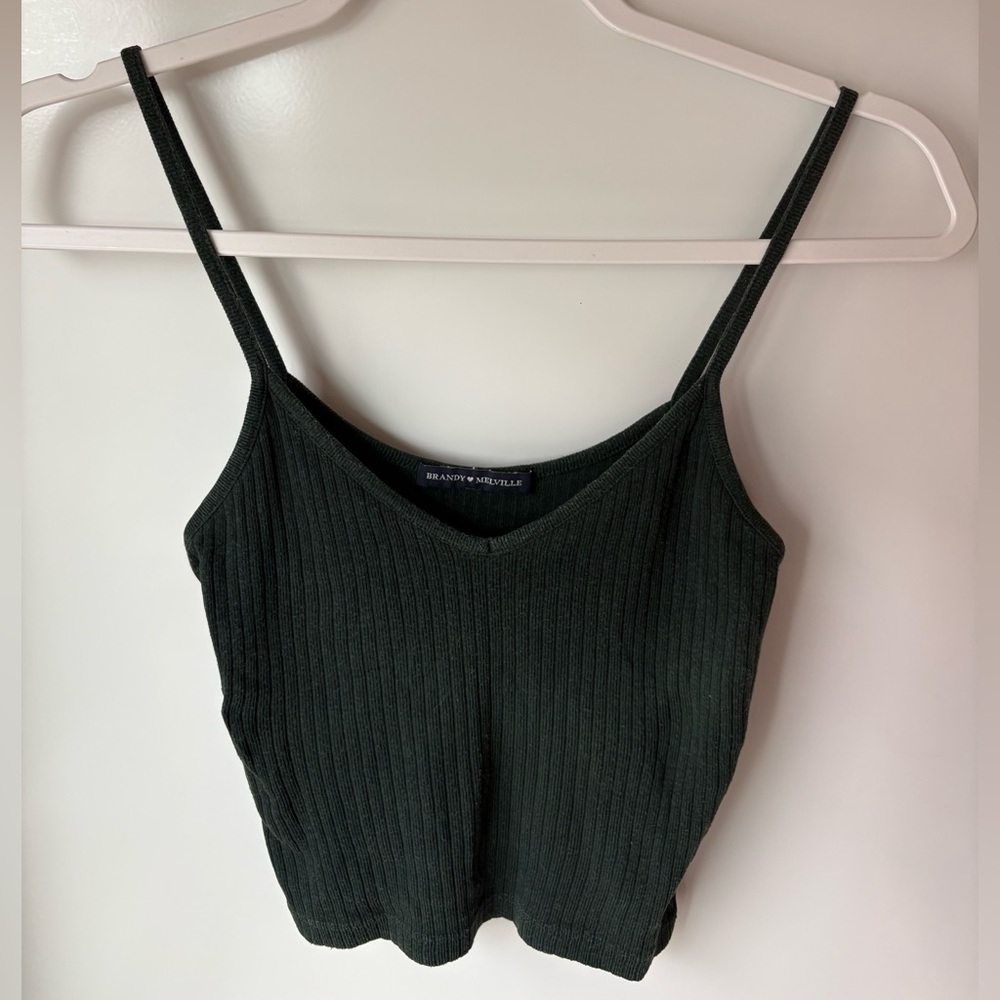 Brandy Melville Green Ribbed V-Neck Top